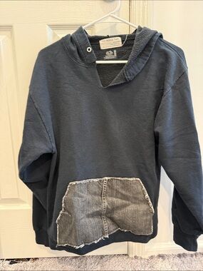 Black Hoodie with Distressed Denim Patch Pocket. Size small